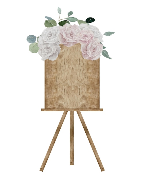 Vector letrero vacío de madera vertical acuarela con composición de rosas