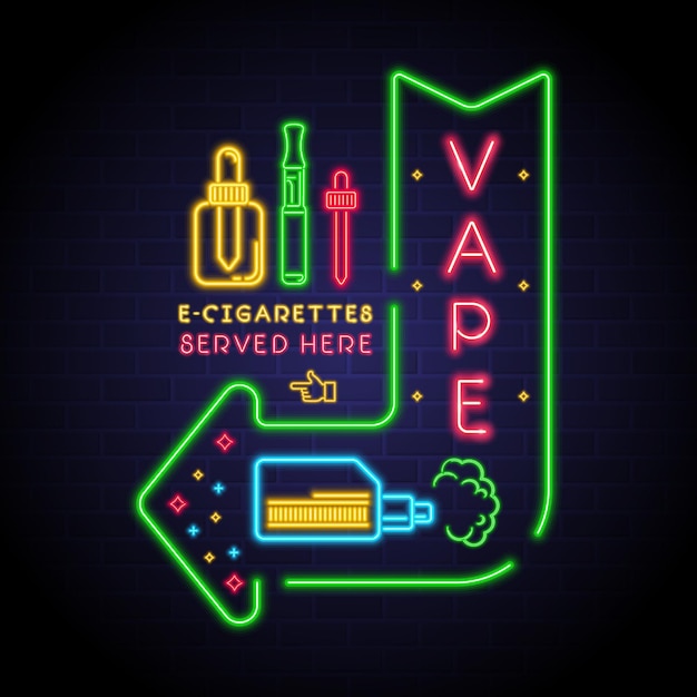 Letrero de Vape con ilustración brillante de luz de neón. Logotipo de cigarrillo electrónico con luz de neón.