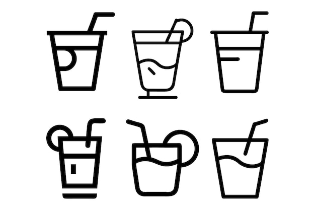 Letrero vectorial de contorno elegante de copas de cóctel con pajitas para menús de bebidas Conjunto de cócteles de clase