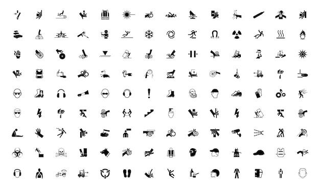 Letreros de advertencia Riesgos industriales Etiquetas de íconos Letrero aislado en fondo blanco Ilustración vectorial