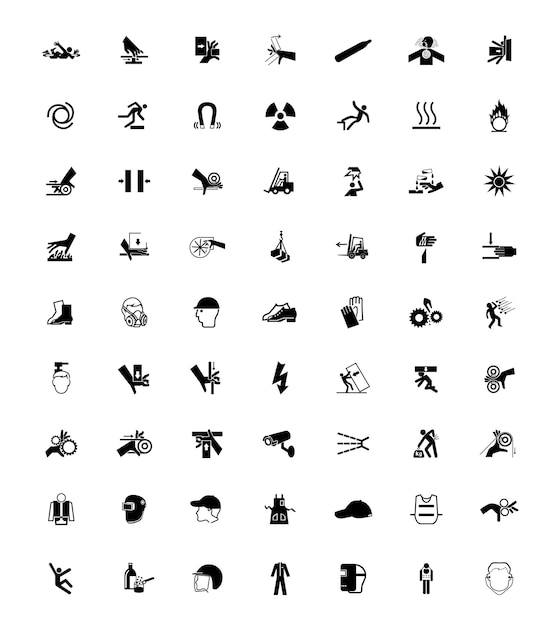 Letreros de advertencia Riesgos industriales Etiquetas de íconos Letrero aislado en fondo blanco Ilustración vectorial