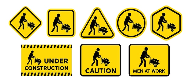 Letreros de construcción con hombres en el trabajo
