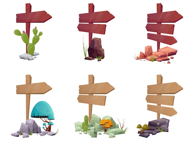 Letreros direccionales de madera con rocas del desierto y plantas en ilustración de vector de estilo de dibujos animados aislado en blanco
