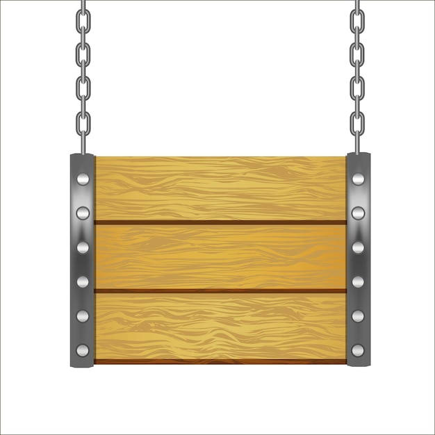 Letreros de madera colgados en el lugar del elemento de diseño de cadena de metal para su texto. Ilustración vectorial