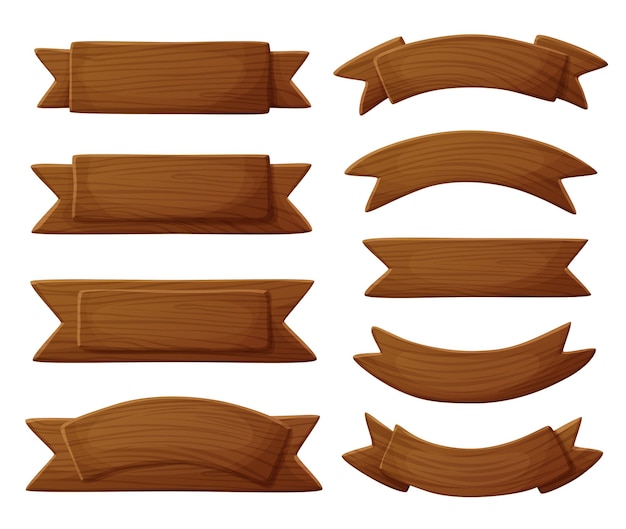 Vector letreros de madera oscura aislados sobre fondo blanco banners de juegos hechos de madera ilustración vectorial de dibujos animados