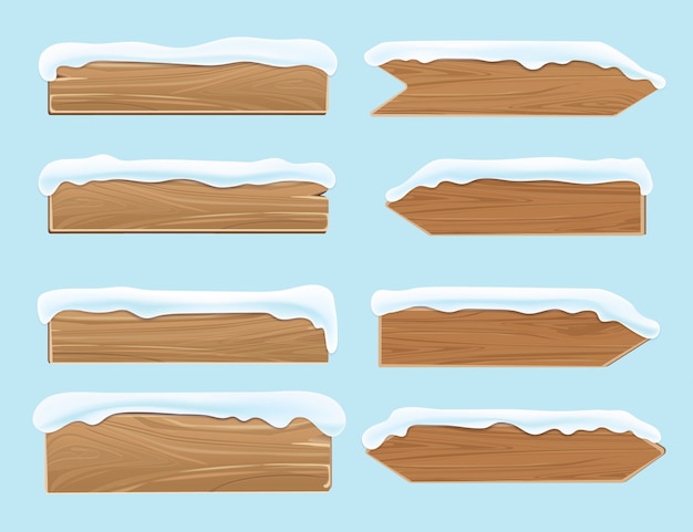 Letreros de madera con tablas cubiertas de nieve. Decoración festiva del vector de la Navidad aislada