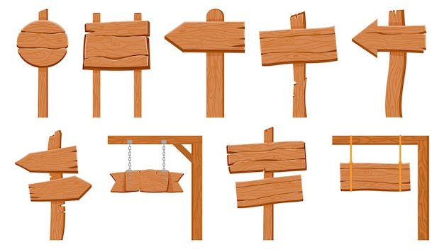 Letreros de madera. Tablón de madera vacío redondo y signos de flecha. Puntero de dirección de camino rústico antiguo de dibujos animados en el palillo. Conjunto de vector de poste indicador con textura. Ilustración tablón de madera vacío, banner de letrero de madera