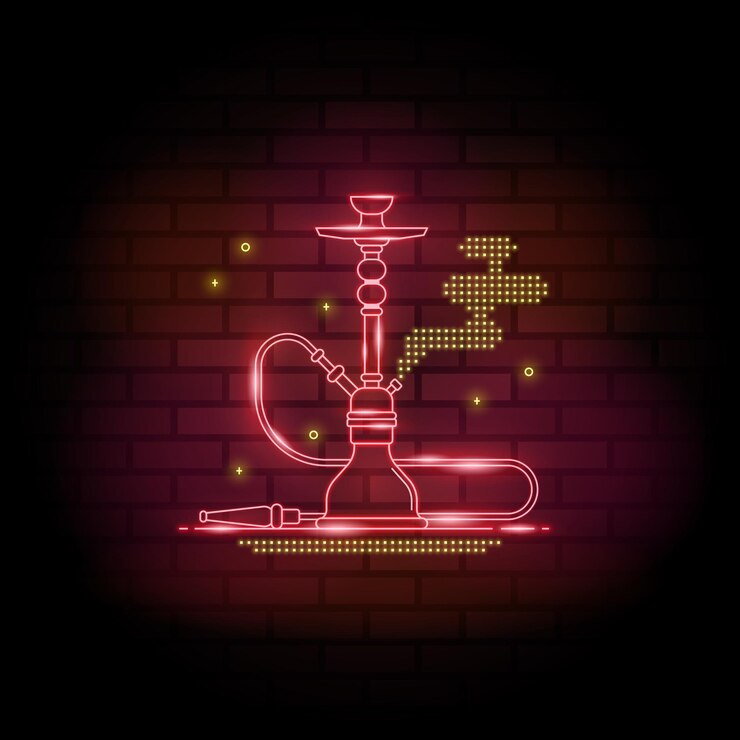 Vector letreros de neón de la cachimba sobre fondo de pared de ladrillo oscuro plantilla de diseño de cachimba nocturna banner de luz