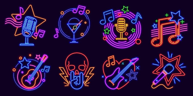 Letreros de neón para karaoke club y stand up comedy show. Logo resplandeciente de la noche de la fiesta de música con micrófonos y nota. Conjunto de vector de evento de barra de karaoke. Letreros de vida nocturna con guitarra eléctrica y calavera.