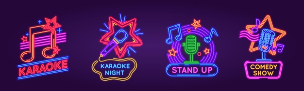 Letreros de neón para karaoke club y stand up comedy show. logos brillantes de la noche de la fiesta de canto de música y canciones. conjunto de vector de cartel de evento de bar de karaoke