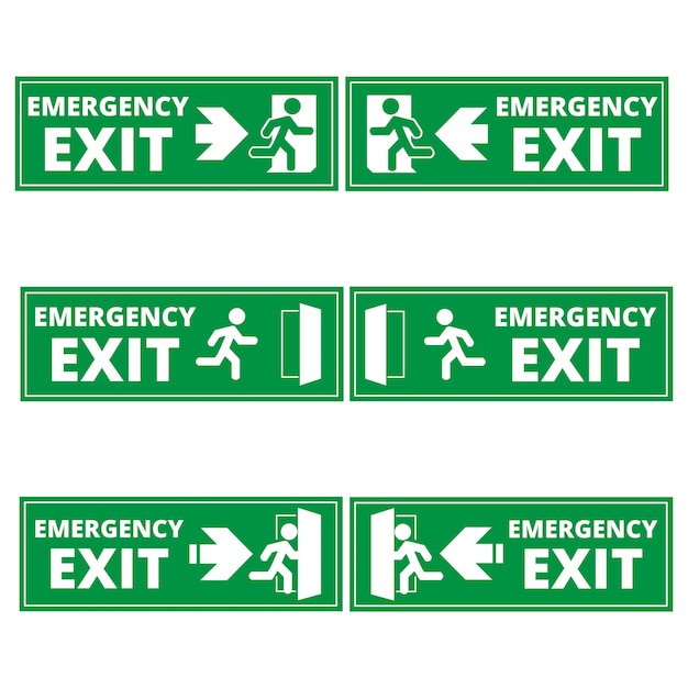 Letreros de salida de emergencia verdes sobre un fondo blanco con espacio para copiar
