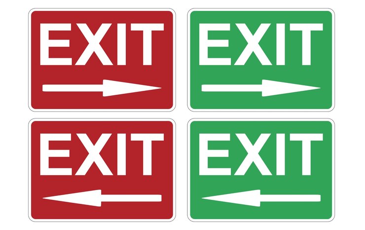 Vector letreros de salida rojos y verdes con flechas de dirección sobre un fondo blanco