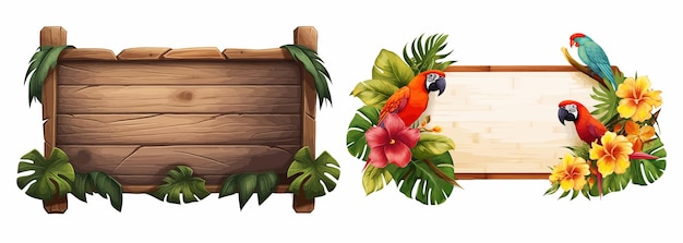 Vector letreros tropicales de madera decorados con loros coloridos y flores exóticas ideales para temas de naturaleza o vacaciones