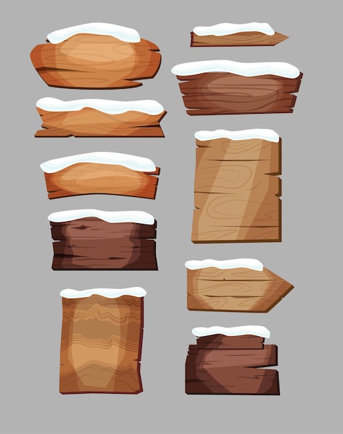 Letreros vacíos o tablones de madera de diferentes colores y texturas con nieve.
