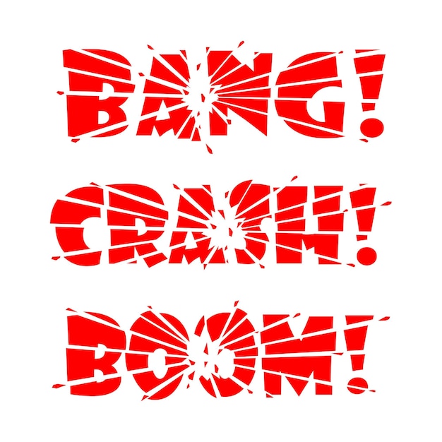 Lettering Bang Crash Boom Las letras se parten en pedazos por impacto o explosión