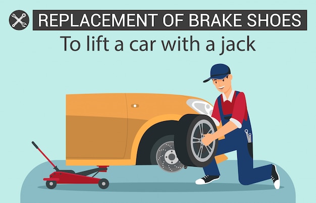 Levanta el coche con Jake. Rueda de cambio de trabajador en coche.