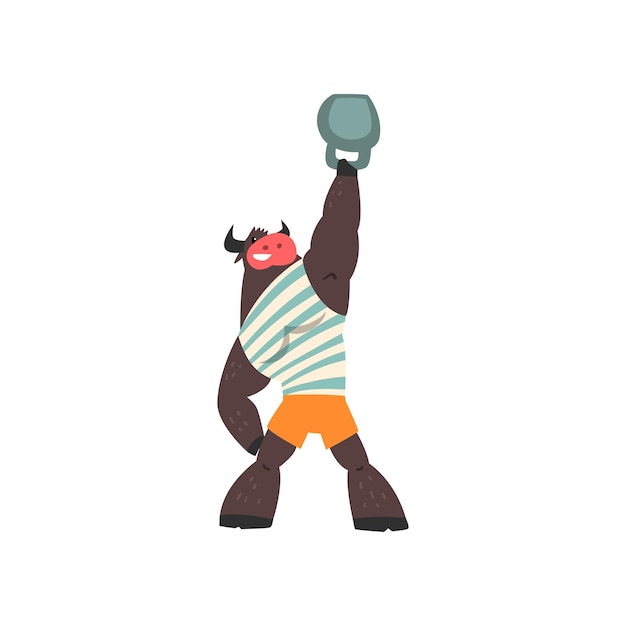 Levantador de pesas bull levantando kettlebell divertido deportivo personaje de animal salvaje haciendo deportes vector Ilustración aislada en un fondo blanco