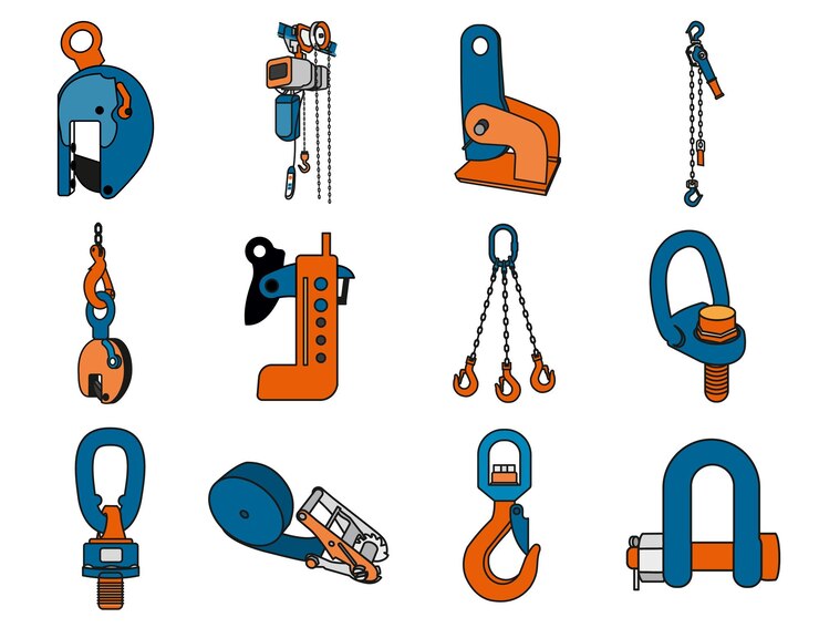 Vector levantamiento de la carga ganchos y cabrestantes para mover y levantar carga en un sitio de construcción levantamiento de productos metálicos un conjunto de ilustraciones vectoriales sobre un fondo blanco