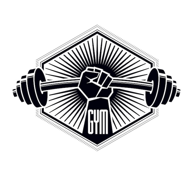 Vector levantamiento de pesas de gimnasio y logotipo del club deportivo de fitness, emblema o placa de vector estilizado retro. con barra y puño de mano fuerte.