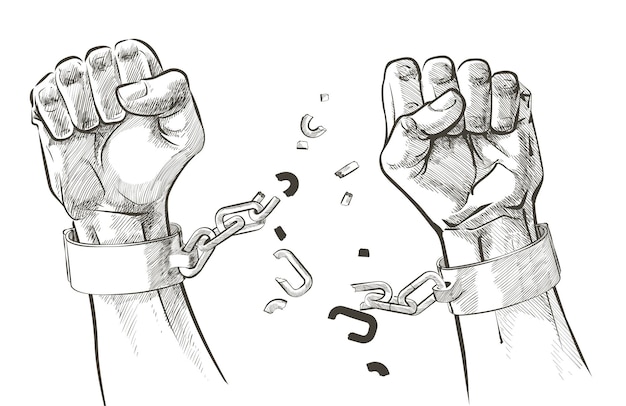 Levantando las manos puño, rompiendo esposas de acero, cadenas de grilletes. Obtener esclavo libre, rescate, esperanza, patriotismo, fuerza, liberación, victoria, lucha, poder, rebelión, protesta, concepto, día de la libertad, bosquejo, vector