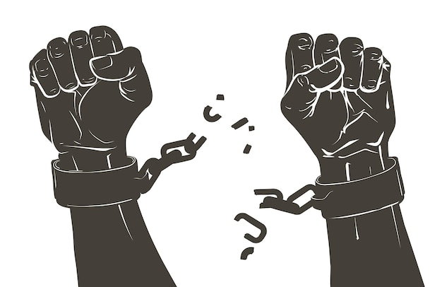 Levantando las manos puño, rompiendo esposas de acero, cadenas de grilletes. rescate, esperanza, liberación, victoria, lucha, rebelión, concepto de protesta. esclavo afroamericano negro get free. vector de bosquejo del día de la libertad