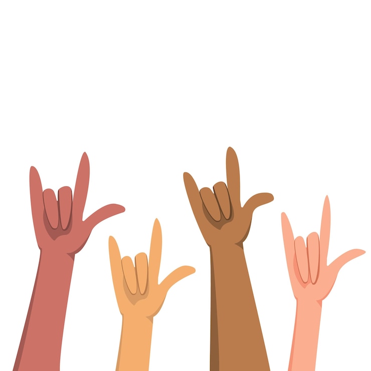 Vector levantó el gesto de las manos 'te amo' con diversos tonos de piel aislado sobre fondo blanco concepto de unidad con el lenguaje de señas 'te amo'