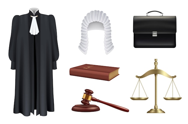 Vector ley y justicia juez derecho martillo de madera decisión judicial fiscal peluquín túnicas negras vector decente conjunto realista aislado