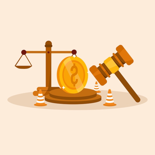 ley o ley para compensar el concepto de pago, martillo de justicia con símbolo de billete de dólar y poste de choque