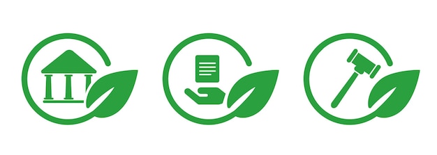 Ley de protección del medio ambiente regulación política de gobernanza en hojas verdes conjunto de iconos de círculo