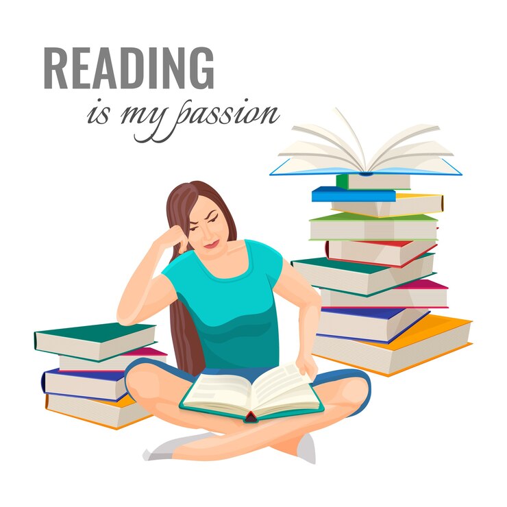 Vector leyendo el cartel de mi pasión con una mujer que lee en el suelo entre pilas de libros. pasatiempo útil y proceso educativo. niña y libros de texto aislados.