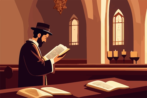 Vector leyendo la torá adorador judío ortodoxo tradicional envuelto en tallit y tefilín en la sinagoga