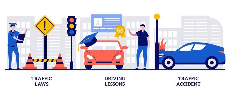 Vector leyes de tráfico, lecciones de conducción, concepto de accidente de tráfico con gente pequeña. conjunto de ilustración de vector de licencia de conducir. seguridad vial, multa por infracción, instructor certificado, metáfora de investigación de accidentes automovilísticos.