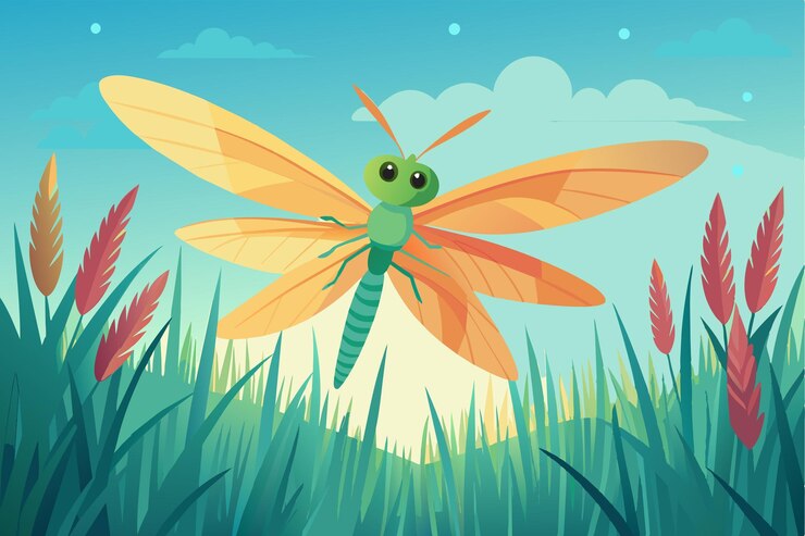 Vector una libélula brillante revoloteando a través de un campo de hierba alta con una suave brisa balanceando las hojas