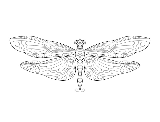 Libélula página para colorear Arte de líneas en blanco y negro Libro de colorear para adultos