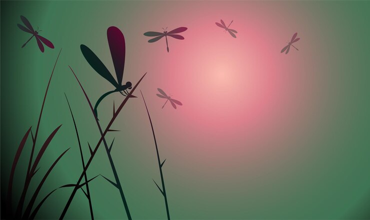 Vector libélulas al atardecer con un color verde a rojo.