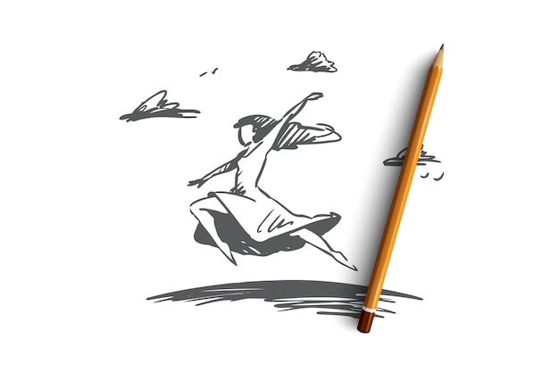 Libertad, felicidad, mujer, mosca, concepto de amor. Dibujado a mano feliz mujer libre saltando y volando el boceto del concepto.