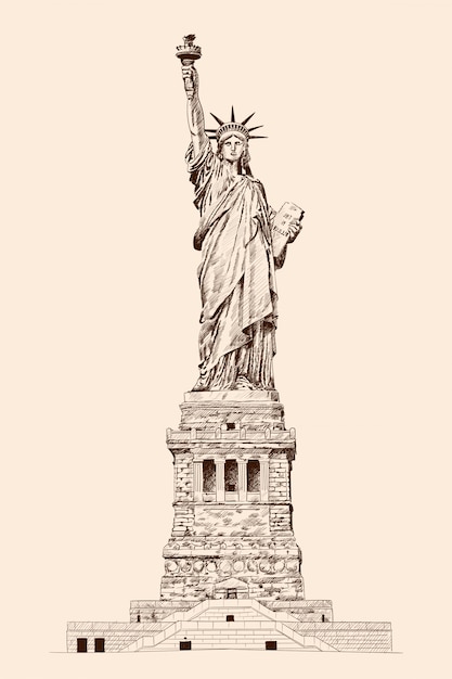 Libertad Iluminando el Mundo. Estatua en Nueva York América. Dibujo a lápiz sobre fondo beige.