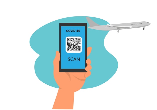 Libertad de movimiento el pasaporte electrónico de salud en la aplicación en la pantalla del teléfono móvil del empresario tiene un código qr para el derecho a volar vector de ilustración de dibujos animados de estilo plano