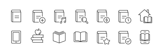 Librería y lectura icono conjunto esquema símbolos de estilo para libros literatura y educación libro ereader estantería lupa reloj de manzana casa