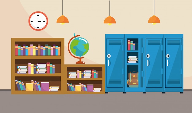 Librería y taquillas con reloj en los útiles escolares.