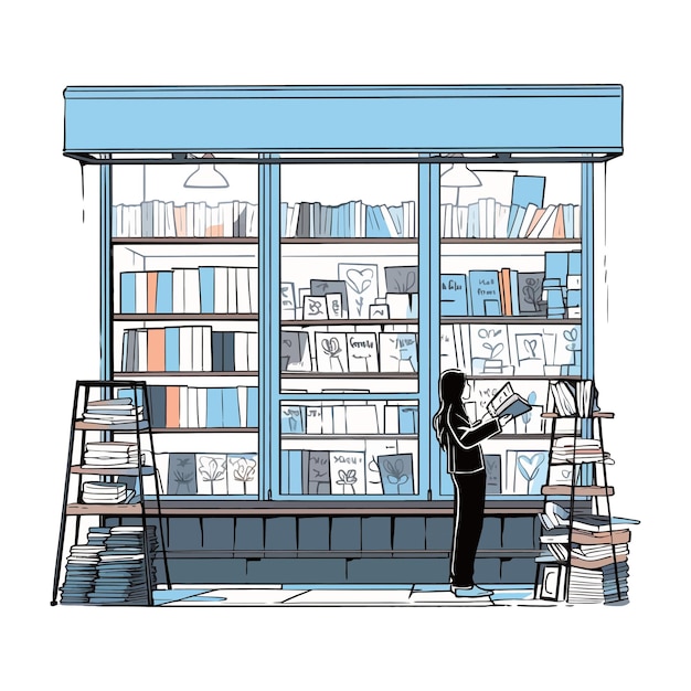 Un librero organizando una ventana en una vieja ilustración vectorial de librería
