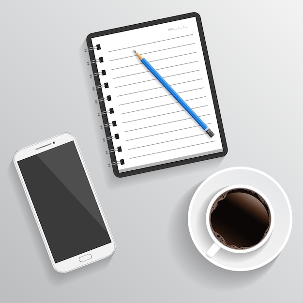 Libreta de espiral realista con lápiz y café