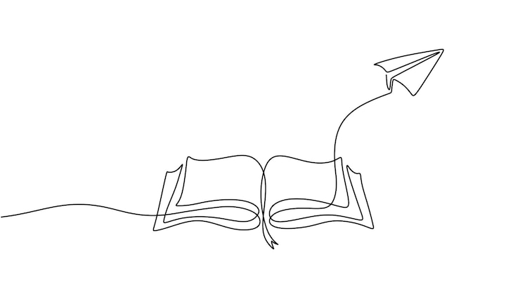Libro abierto y avión de papel volador dibujo de una línea continua Ilustración de vector de arte de línea dibujada a mano Estrategia creativa e innovación educativa Diseño de contorno simple minimalista