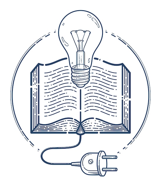 Libro abierto con bombilla de idea e icono lineal de vector de enchufe de cable, biblioteca de literatura científica y educación leyendo símbolo de arte de línea o logotipo, libro electrónico e-book.