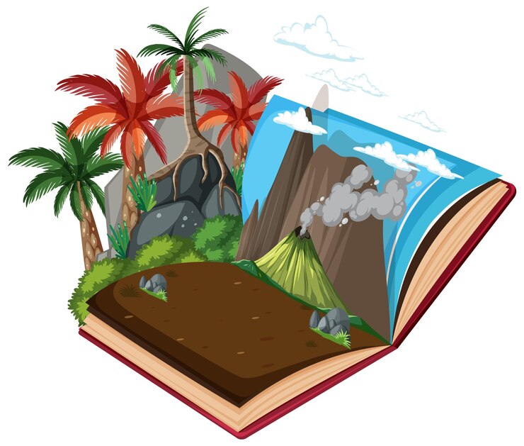 Vector libro abierto con bosque prehistórico