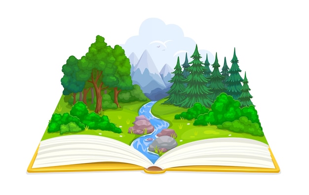 Vector libro abierto con bosque y río prado y montañas azules vector paisaje de naturaleza de dibujos animados árboles verdes plantas y hierba arroyos de agua y rocas en páginas de aventuras libro de cuentos temas de lectura