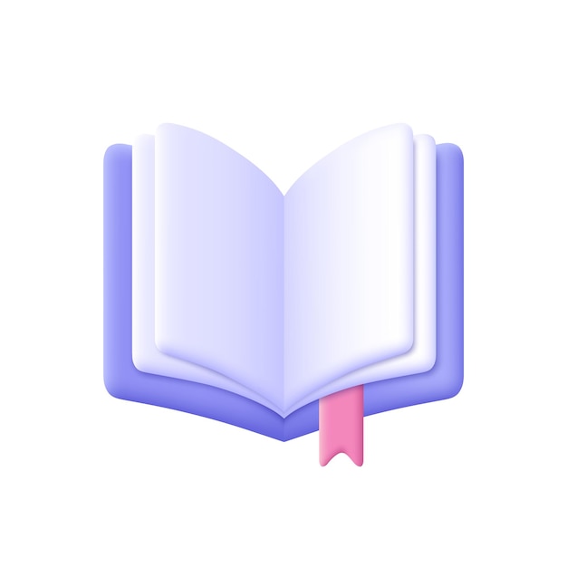 Libro abierto diario con páginas en blanco de papel blanco y marcador icono vectorial 3d estilo minimalista de dibujos animados