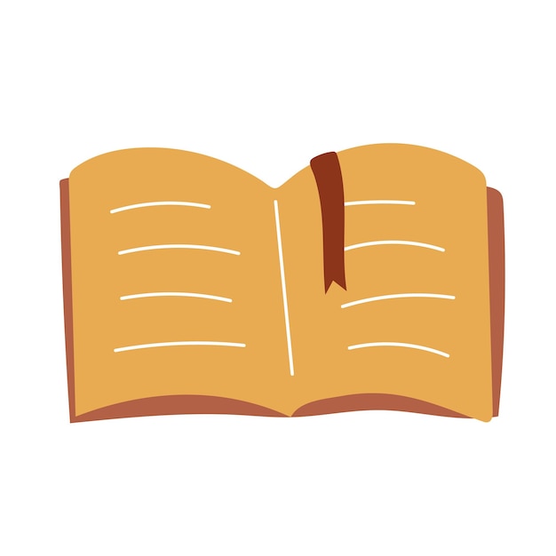 Libro abierto, estilo de dibujo de dibujos animados, aislado en blanco, ilustración gráfica de vector. Diseño para stickers, logo, web y aplicación móvil.