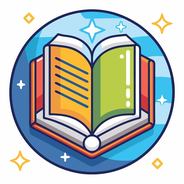 Libro abierto con estrellas brillantes en un círculo