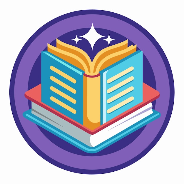 Libro abierto con estrellas brillantes dentro de un círculo púrpura